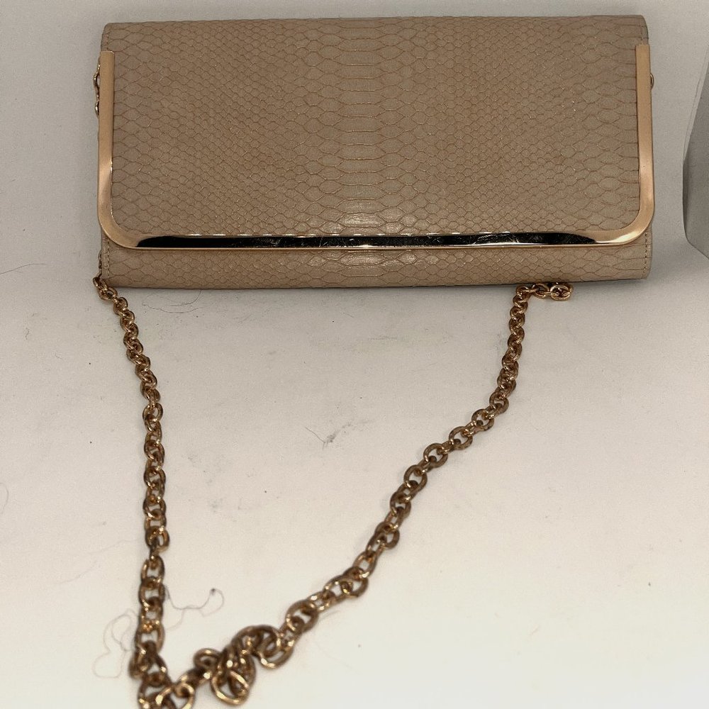 Aldo Ivory Faux Snakeskin  Clutch with Gold Trim and Chain